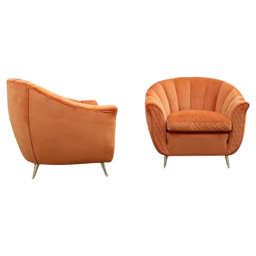 Pair of Mid-century Italian Armchairs Isa Bergamo Gio Ponti Style Orange Brass