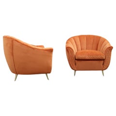 Pair of Mid-century Italian Armchairs Isa Bergamo Gio Ponti Style Orange Brass