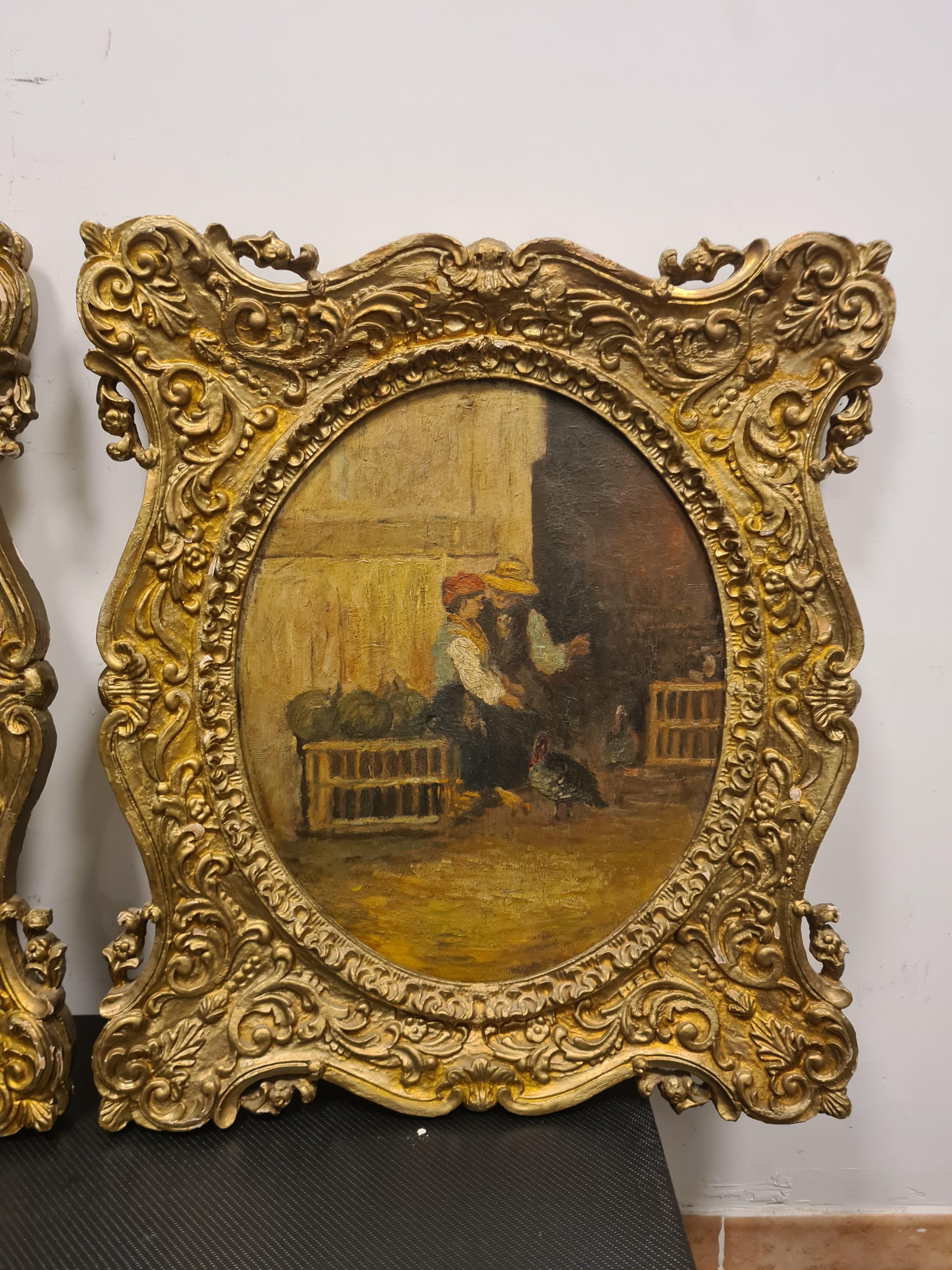 19th Century Paire de peintures de scènes de la vie paysanne fin 19e siècle en vente