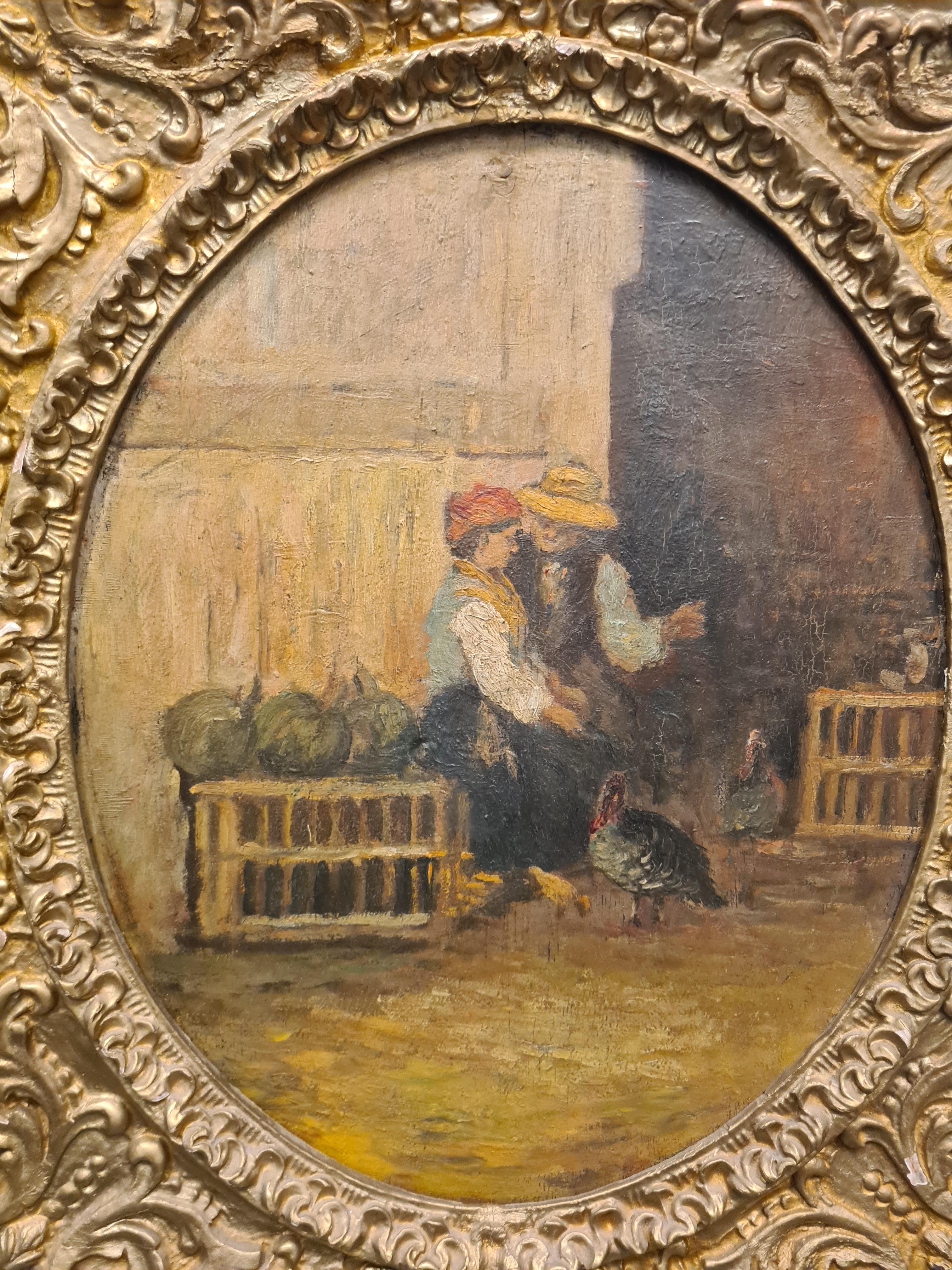 Wood Pair Paintings peasant life scenes late 19th century For Sale