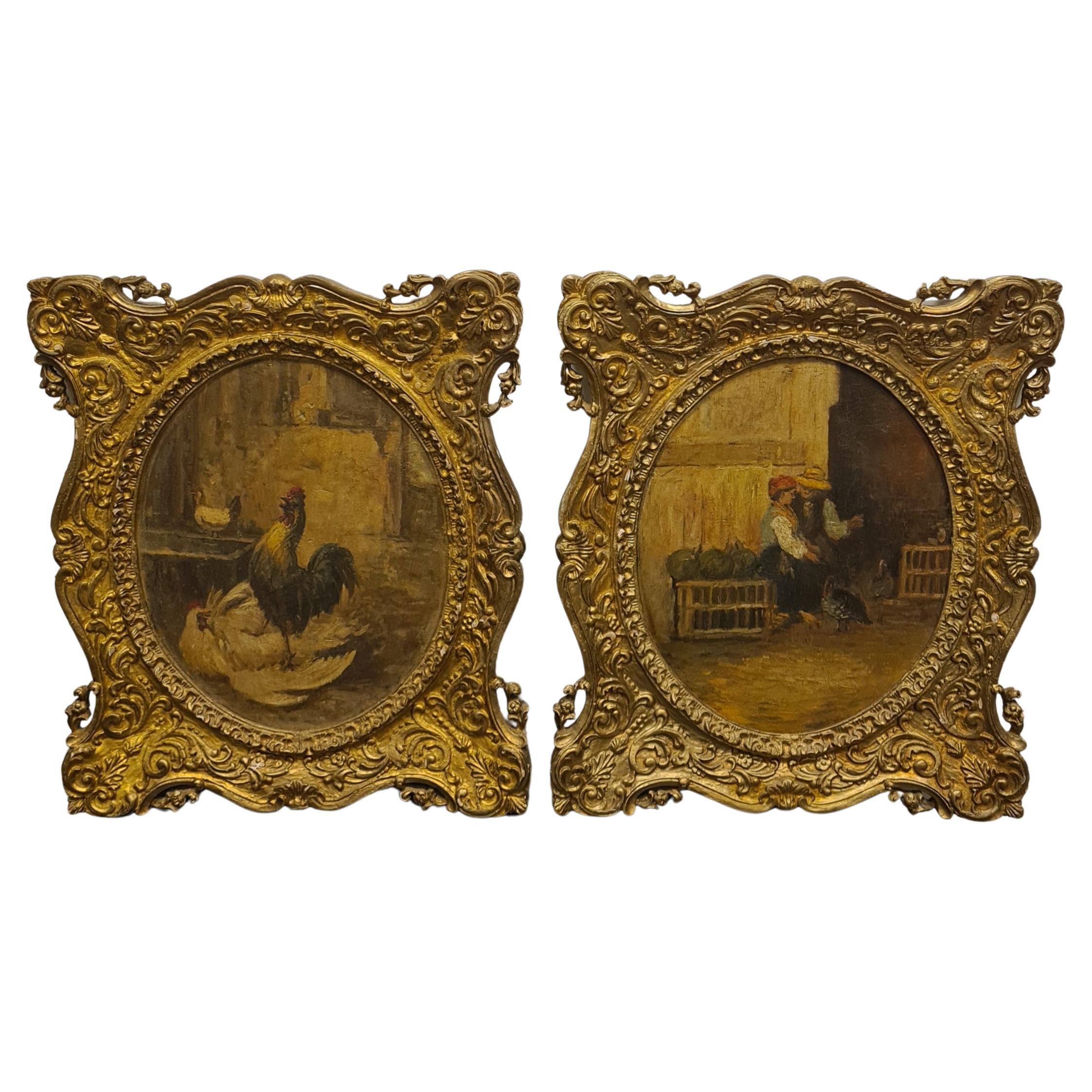 Pair Paintings peasant life scenes late 19th century For Sale
