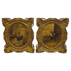 Antique Pair Paintings peasant life scenes late 19th century