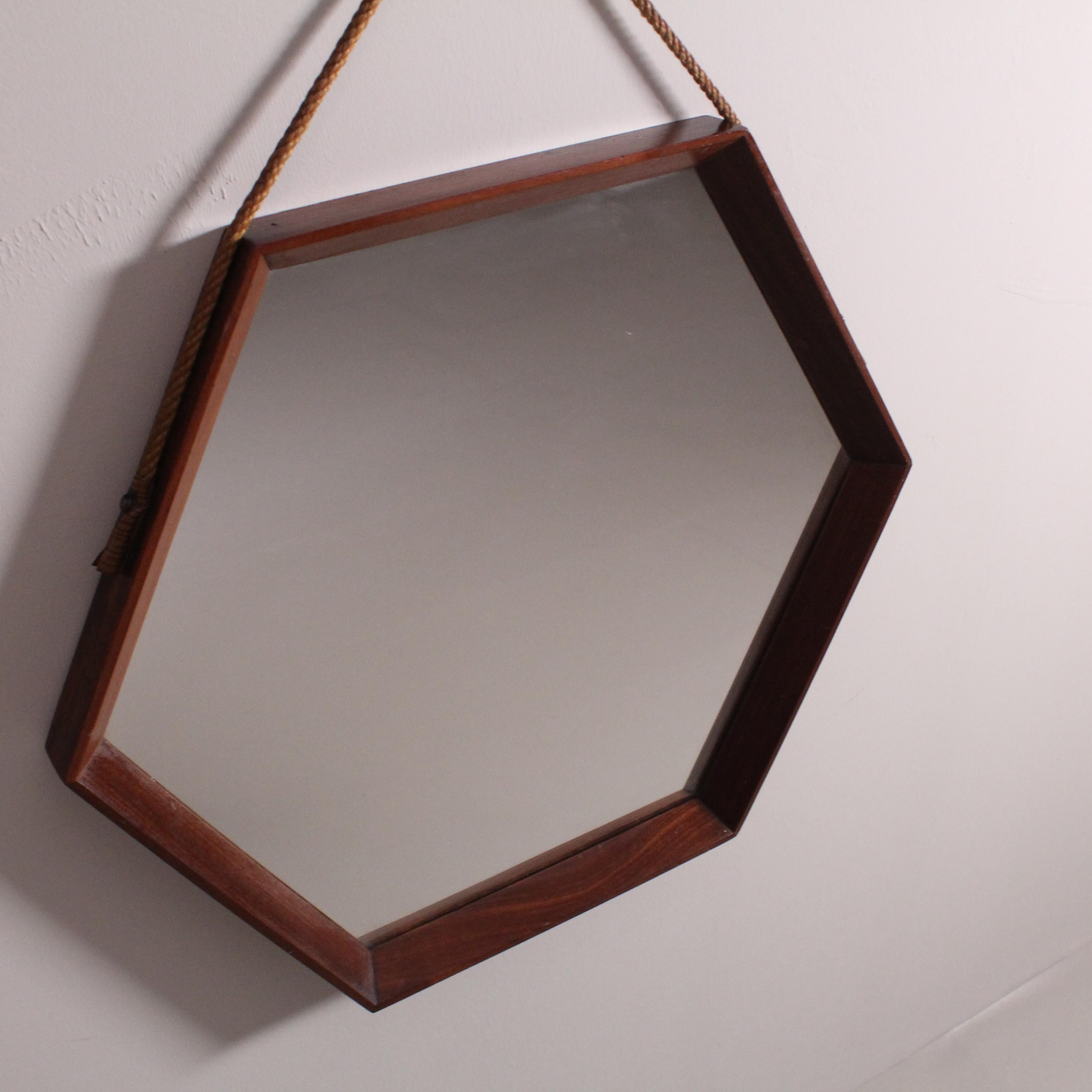 Mid-Century Modern pair hexagonal mirrors with teak wood frame For Sale