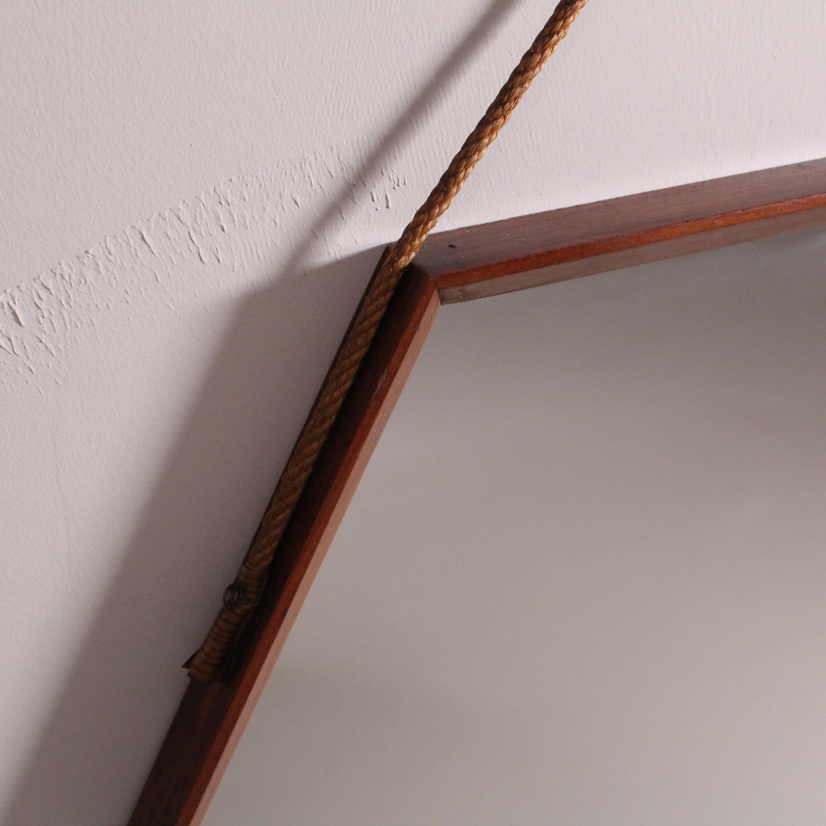 pair hexagonal mirrors with teak wood frame In Good Condition For Sale In Milano, Lombardia