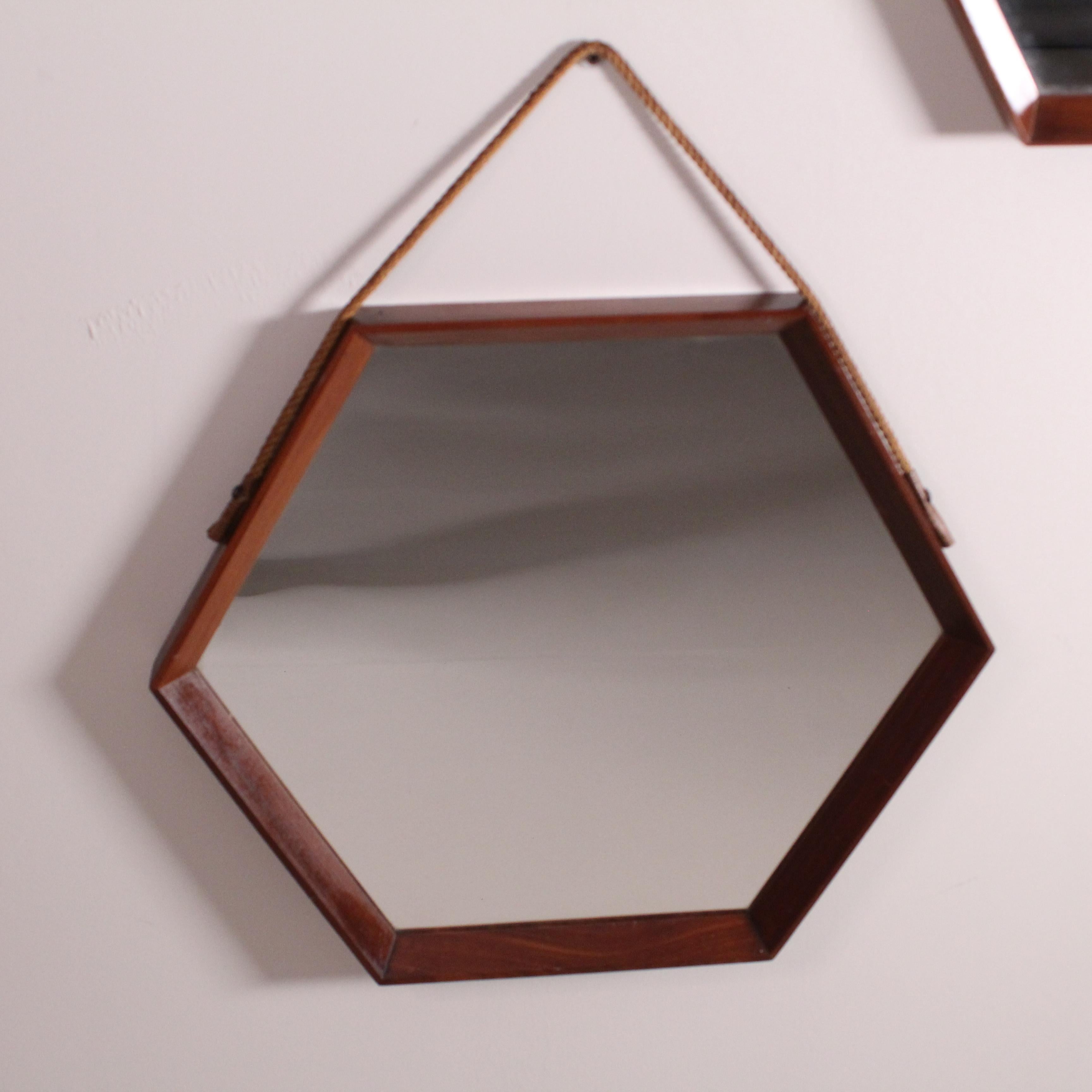 pair hexagonal mirrors with teak wood frame For Sale 2