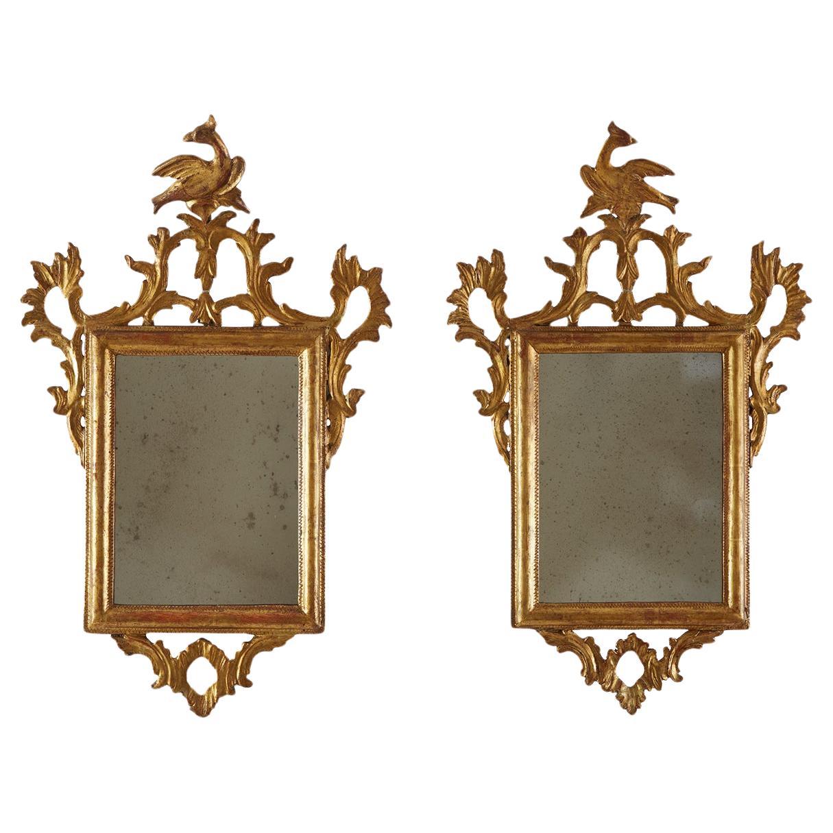 Coppia Specchi Italiani Dorati in Stile Luigi XVI Intagliati con Uccelli 1800s