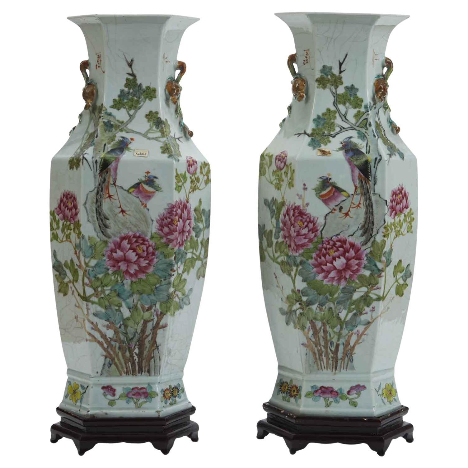 Pair of Chinese Hexagonal Vases 19th Century Qing Dynasty 60 cm High