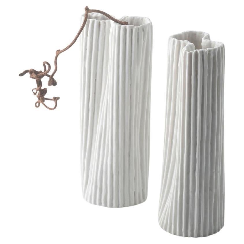 Paire de vases élégants  porcelaine argile papier  de la collection Paysage sous la lune dessinée par Nino Basso. 
Le set de vases  ha  les textures essentielles du design et de la couleur  blanc  avec des bandes verticales en relief, enrichies de