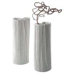 PAIR OF PAPERCLAY PORCELAIN VASES  white texture embossed stripes - Pair #1