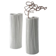 PAIRE DE VASES EN PORCELAINE D'ARGILE  texture de rayures blanches gaufrées - Paire #1