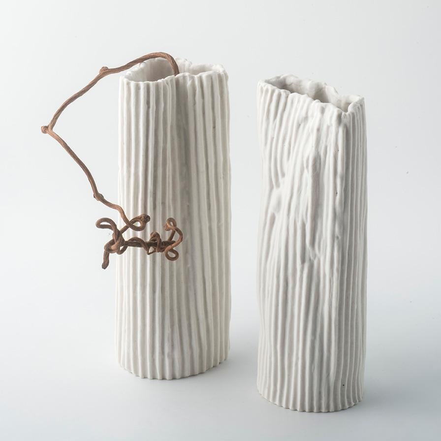 Modern COUPLE PAPERCLAY PORCELAIN VASES textured white raised stripes - Couple #3 For Sale