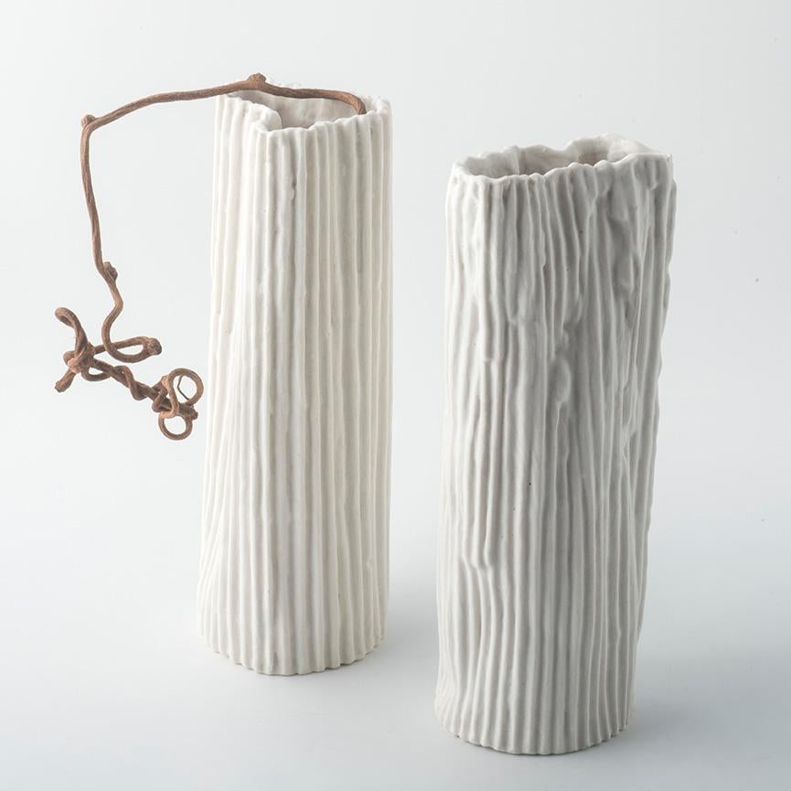 Italian COUPLE PAPERCLAY PORCELAIN VASES textured white raised stripes - Couple #3 For Sale
