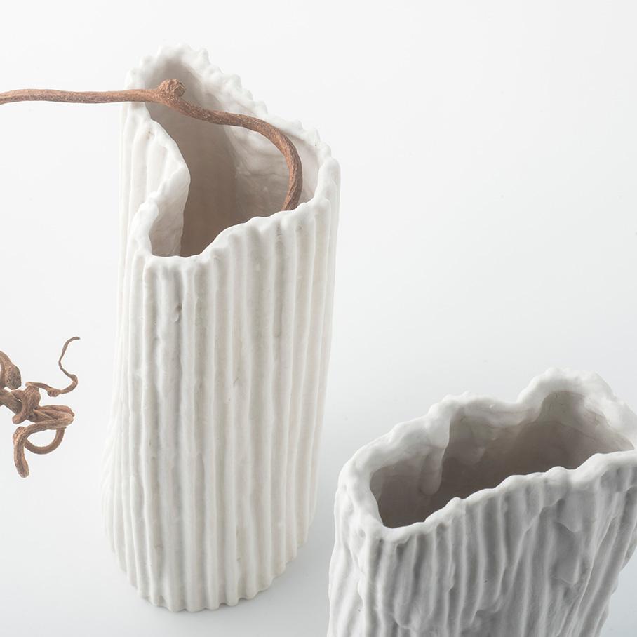 Hand-Crafted COUPLE PAPERCLAY PORCELAIN VASES textured white raised stripes - Couple #3 For Sale