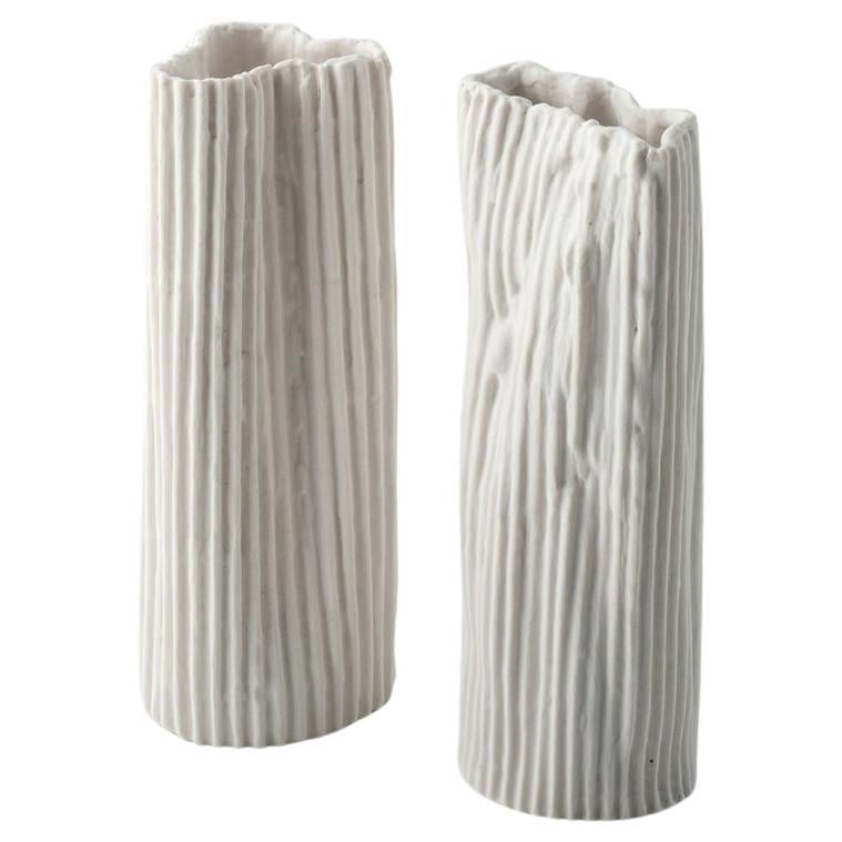 COUPLE PAPERCLAY PORCELAIN VASES textured white raised stripes - Couple #3