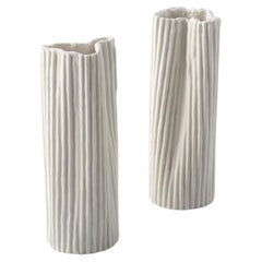 COUPLE PAPERCLAY PORCELAIN VASES textured white raised stripes - Pair #4