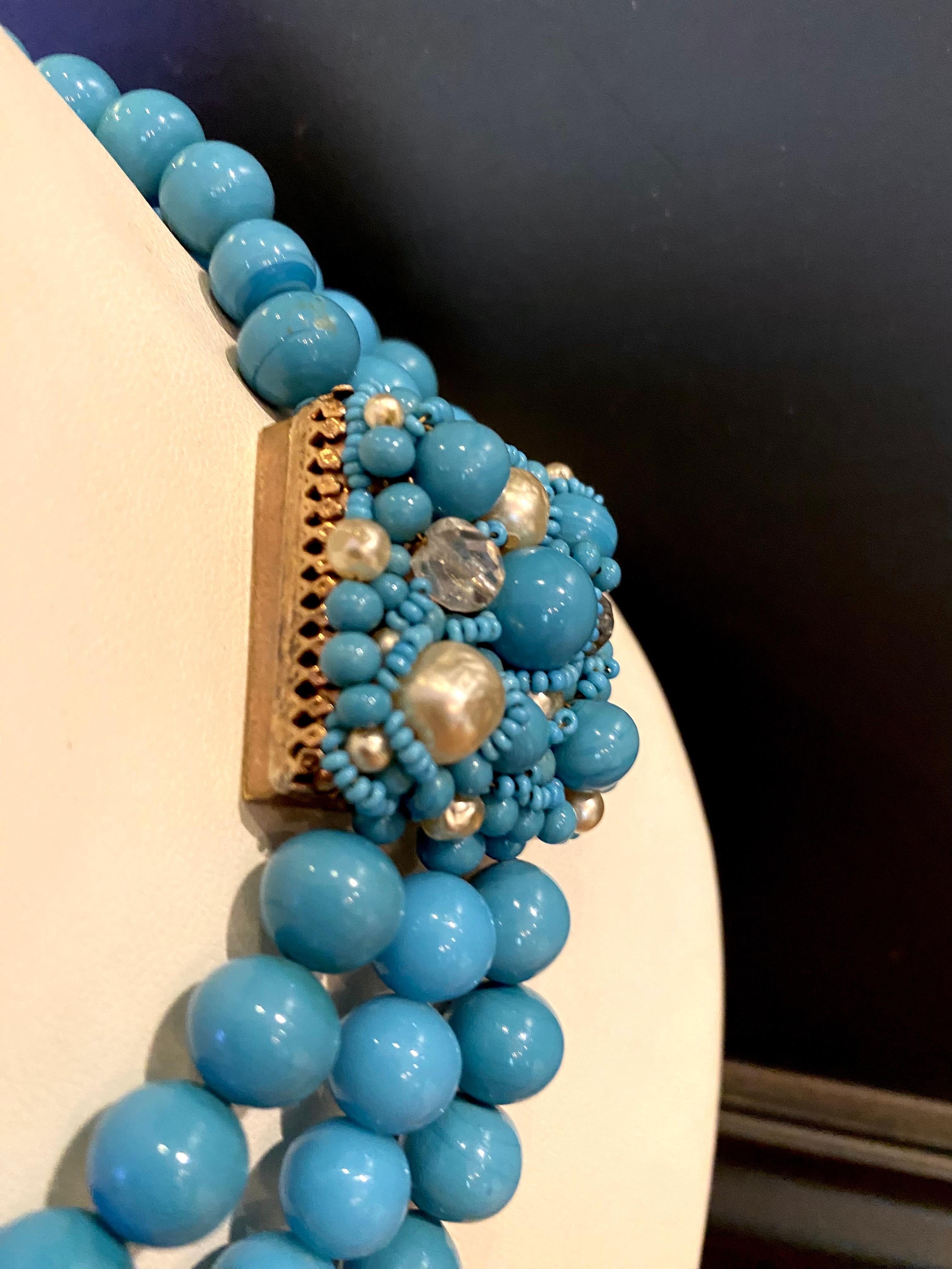 Coppola e Toppo 1950s three strand turquoise glass bead necklace 6