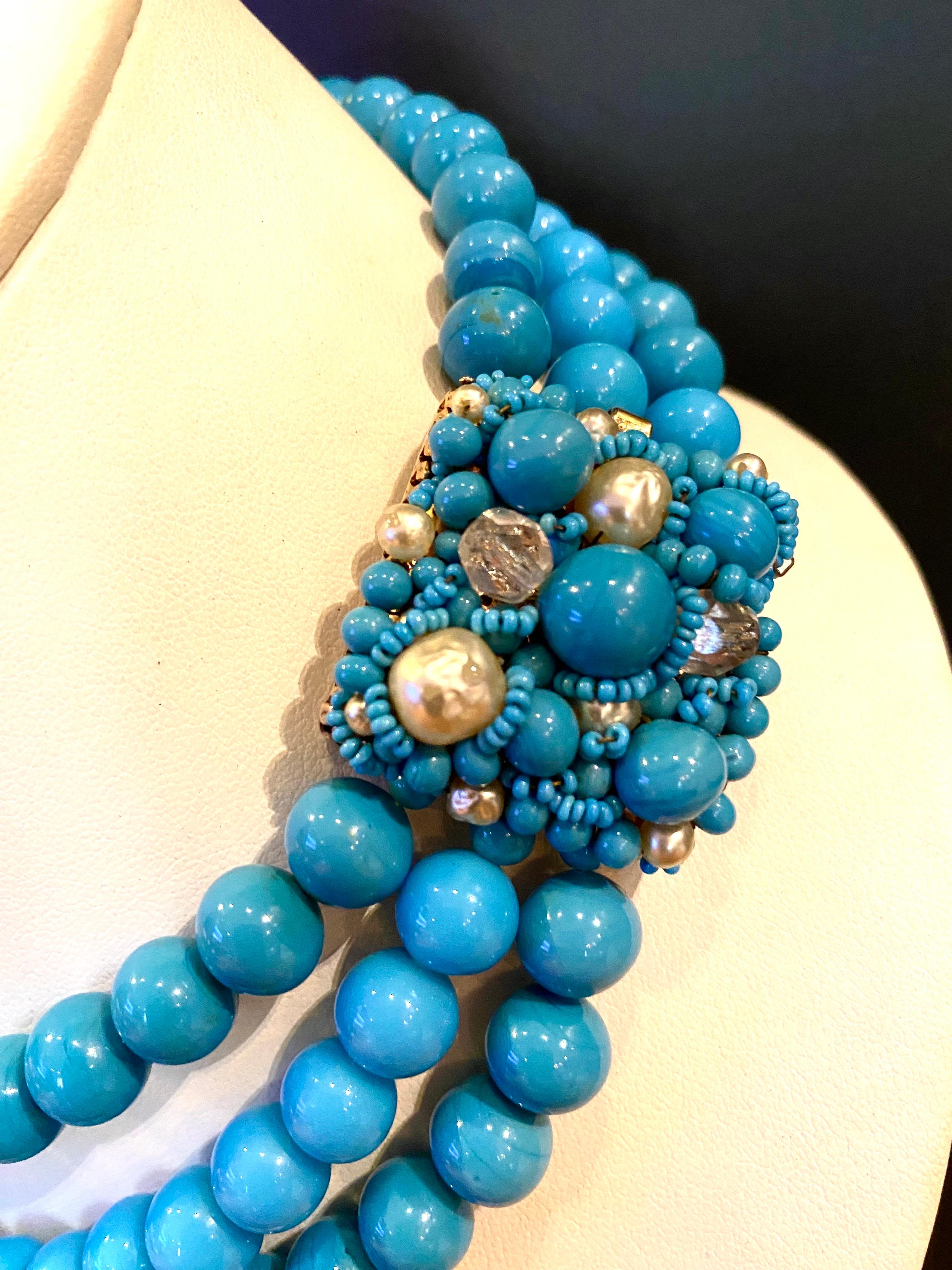 Coppola e Toppo 1950s three strand turquoise glass bead necklace 7