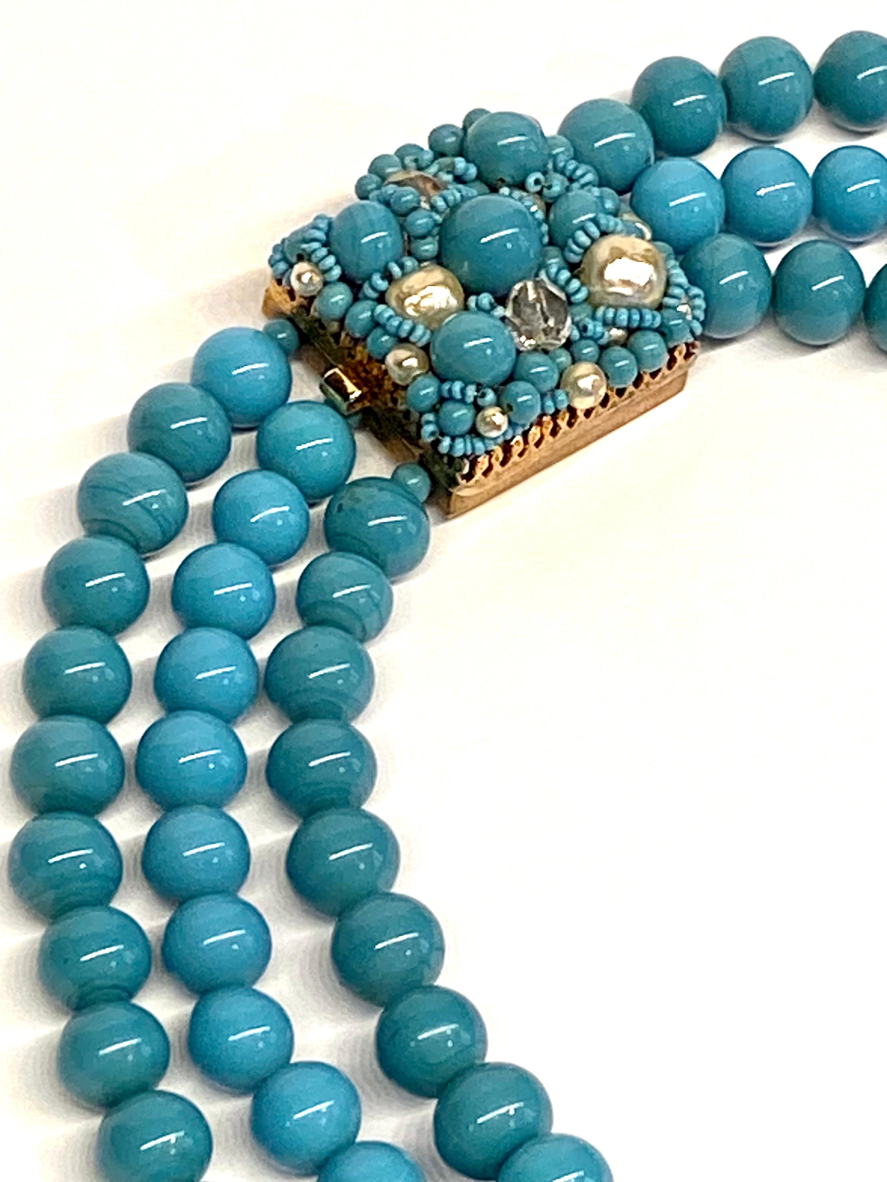Coppola e Toppo 1950s three strand turquoise glass bead necklace 10