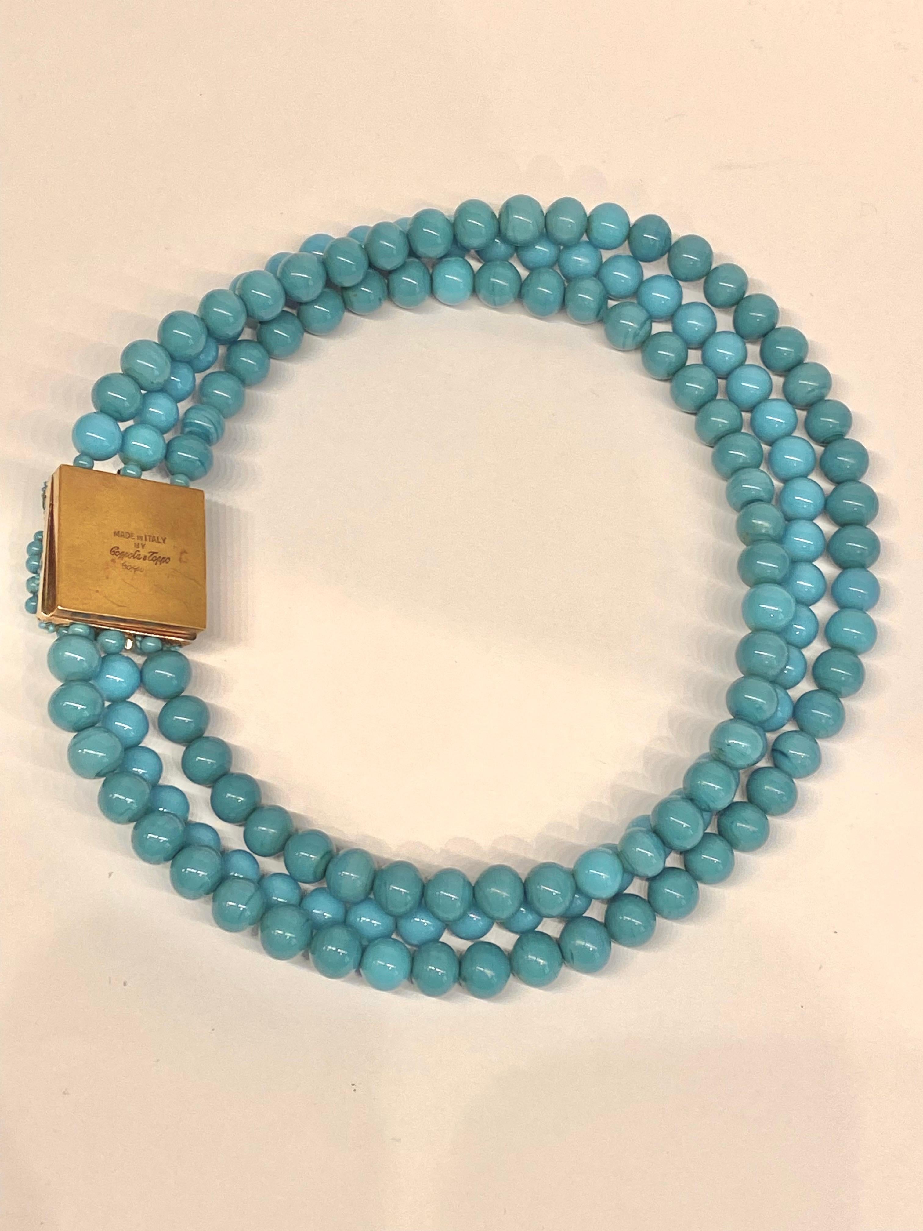 Coppola e Toppo 1950, collana a tre fili con perle di vetro turchese 13