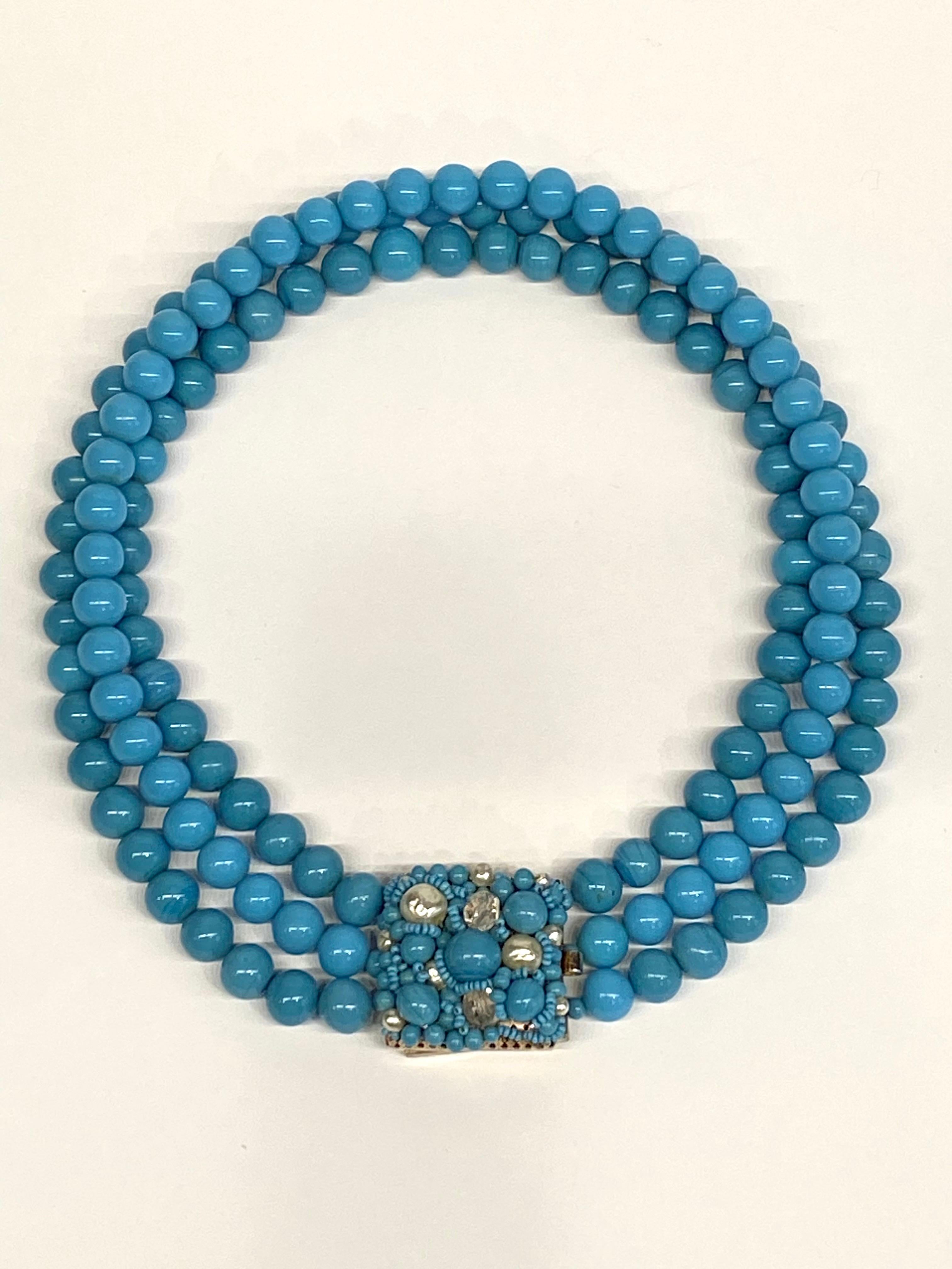 Coppola e Toppo 1950s three strand turquoise glass bead necklace In Good Condition In New York, NY