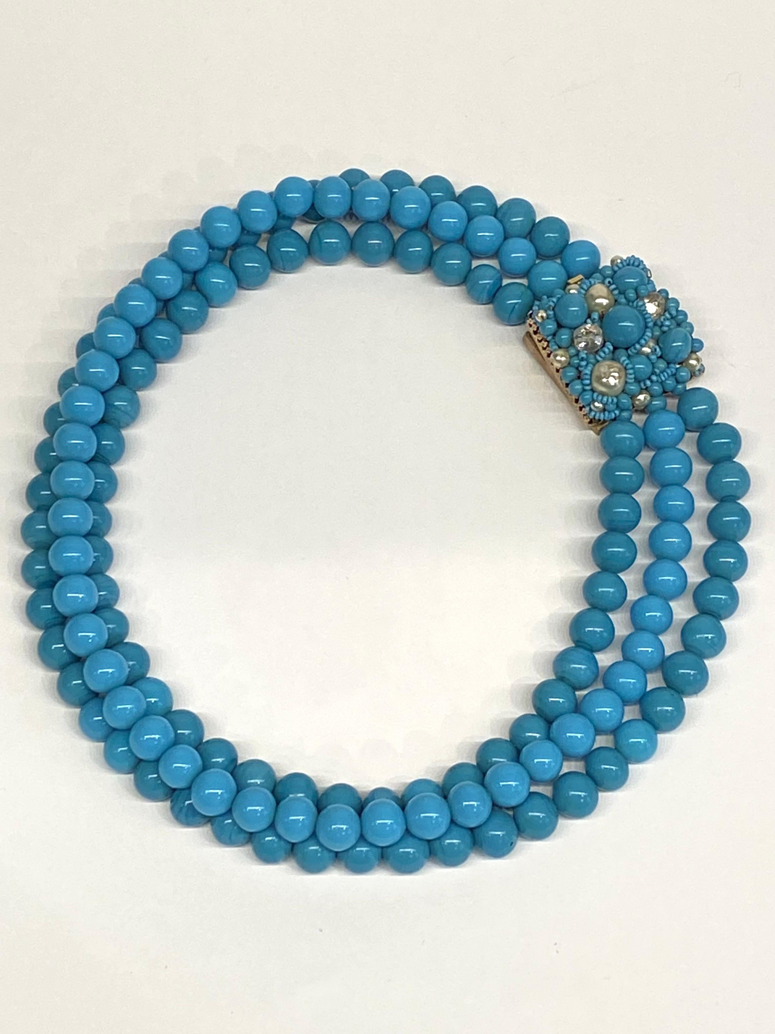 Women's or Men's Coppola e Toppo 1950s three strand turquoise glass bead necklace