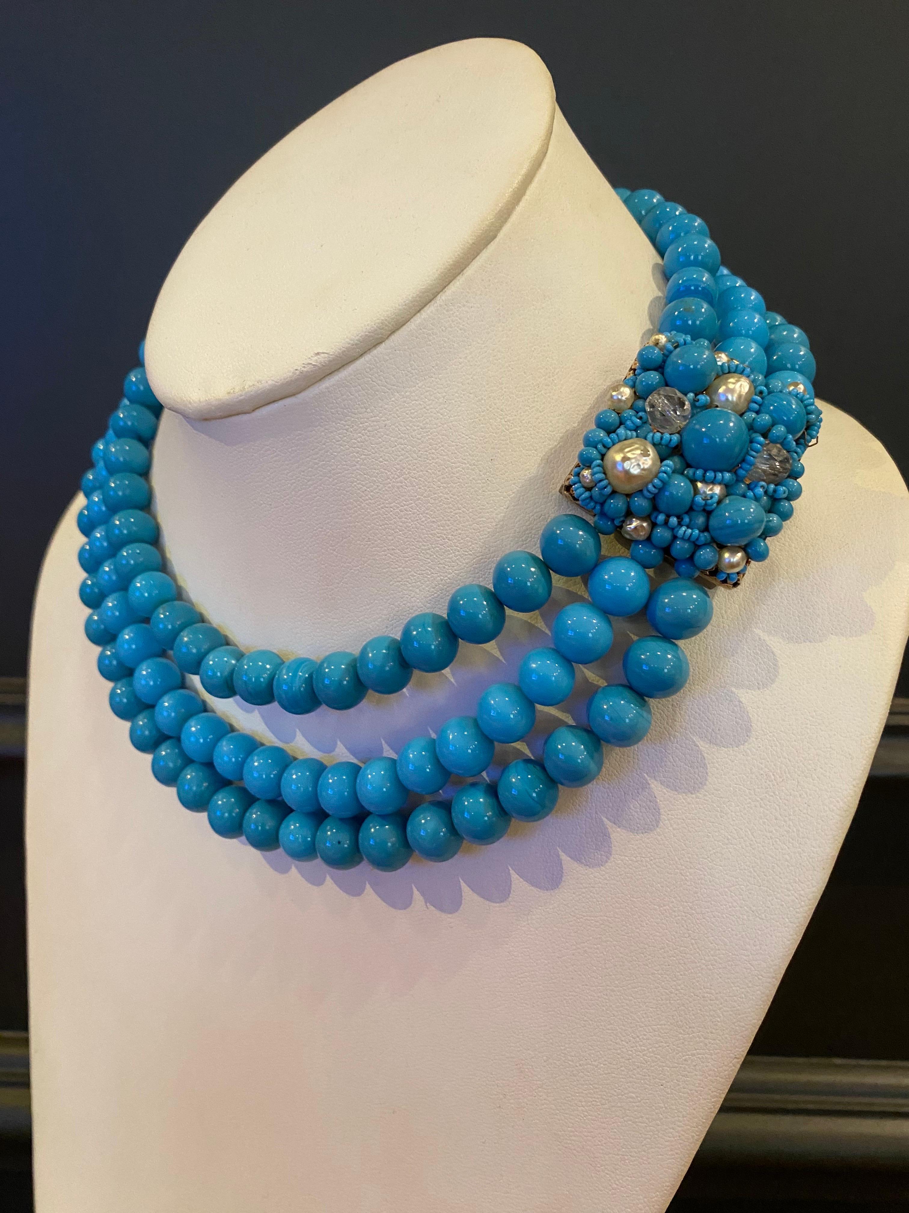 Coppola e Toppo 1950s three strand turquoise glass bead necklace 1