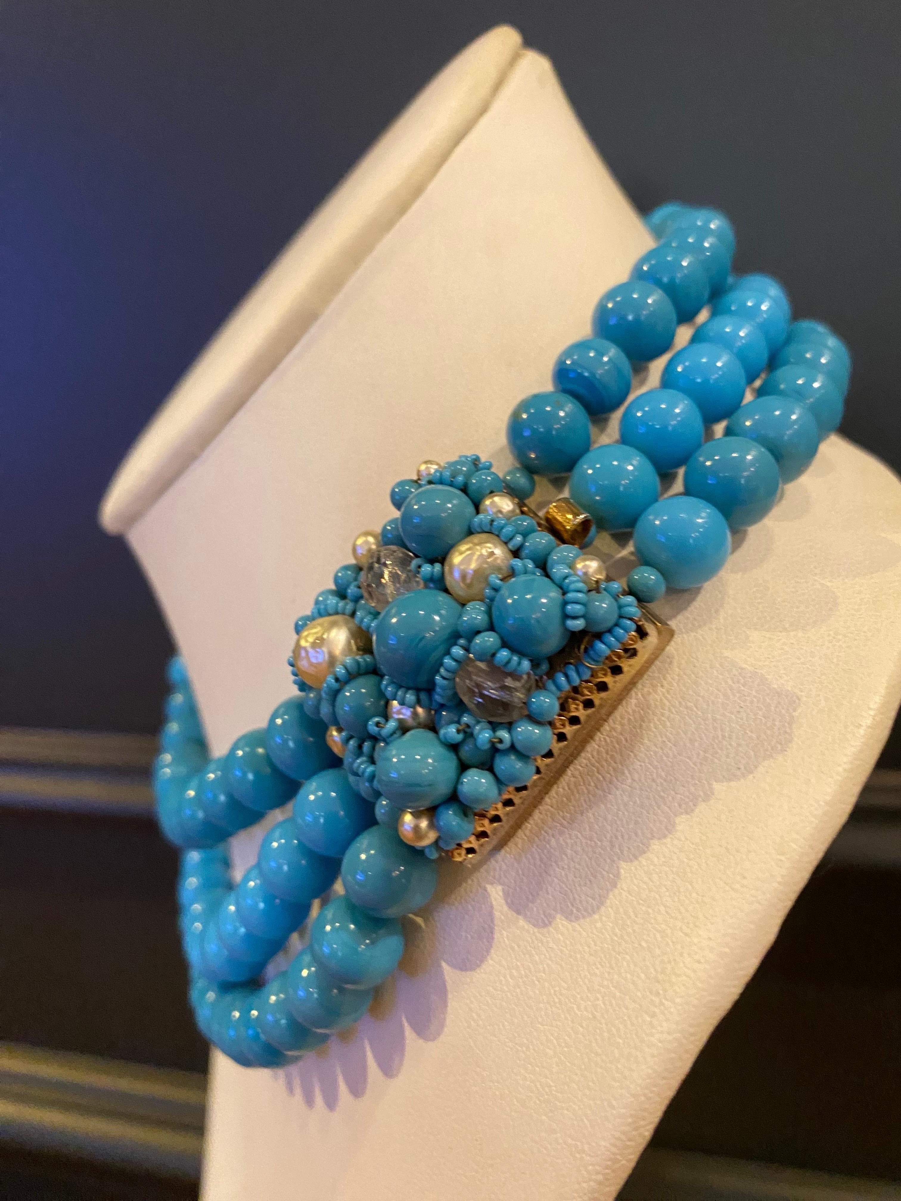 Coppola e Toppo 1950s three strand turquoise glass bead necklace 2