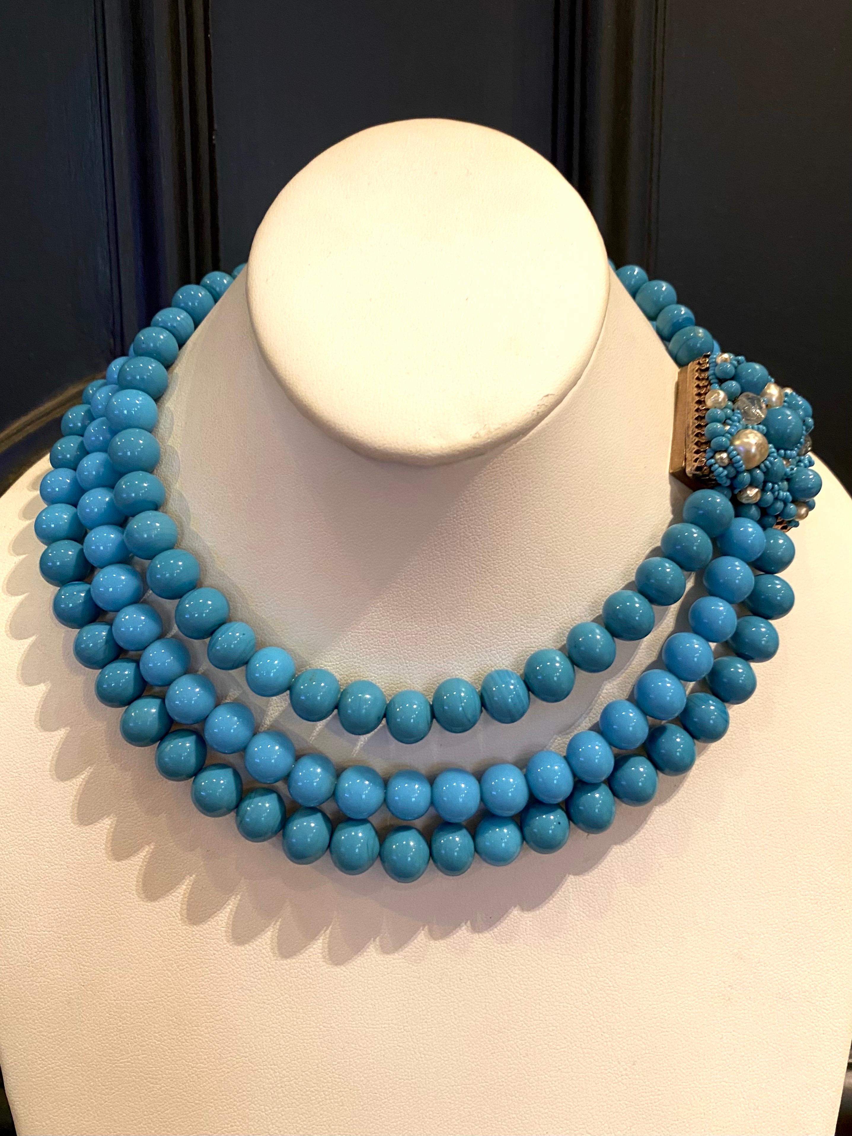 Coppola e Toppo 1950s three strand turquoise glass bead necklace 3