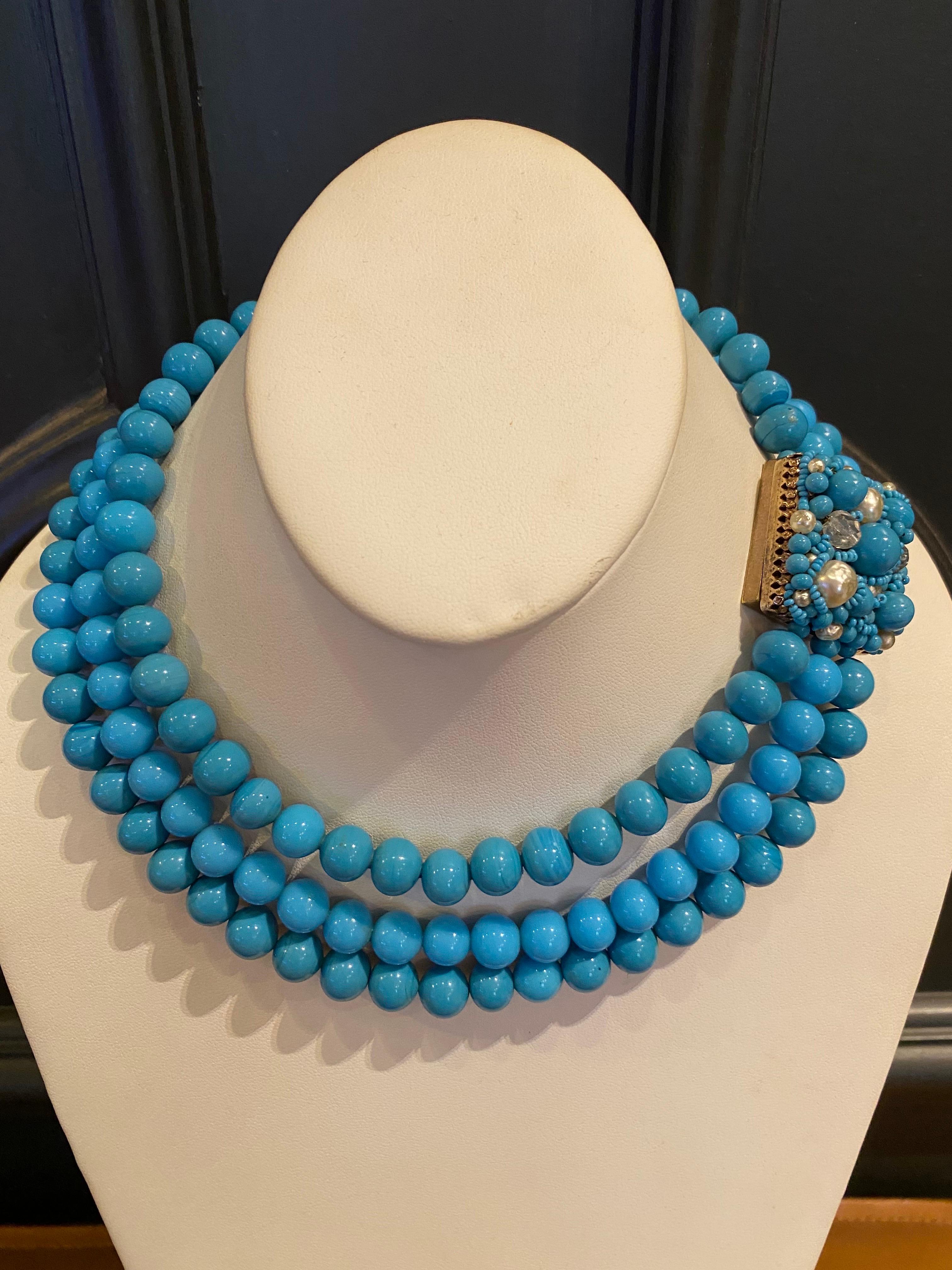 Coppola e Toppo 1950s three strand turquoise glass bead necklace 5