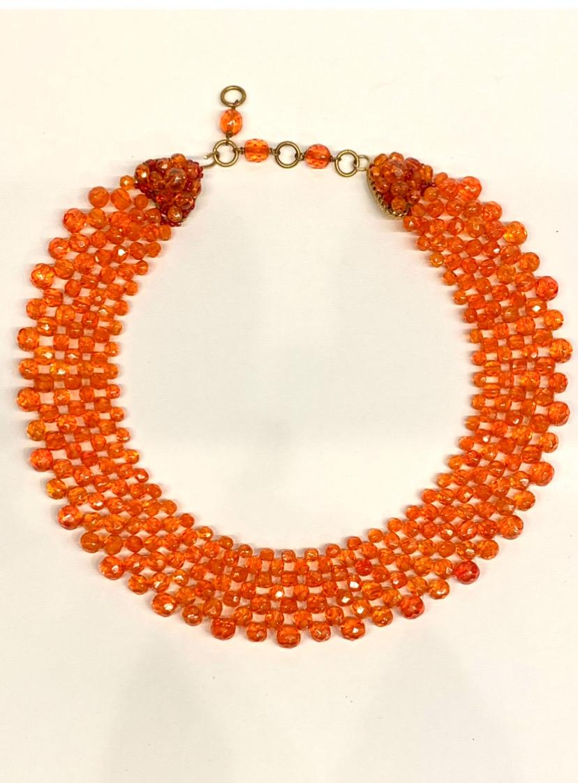 Coppola e Toppo 1950s woven orange crystal bead collar necklace In Excellent Condition In New York, NY