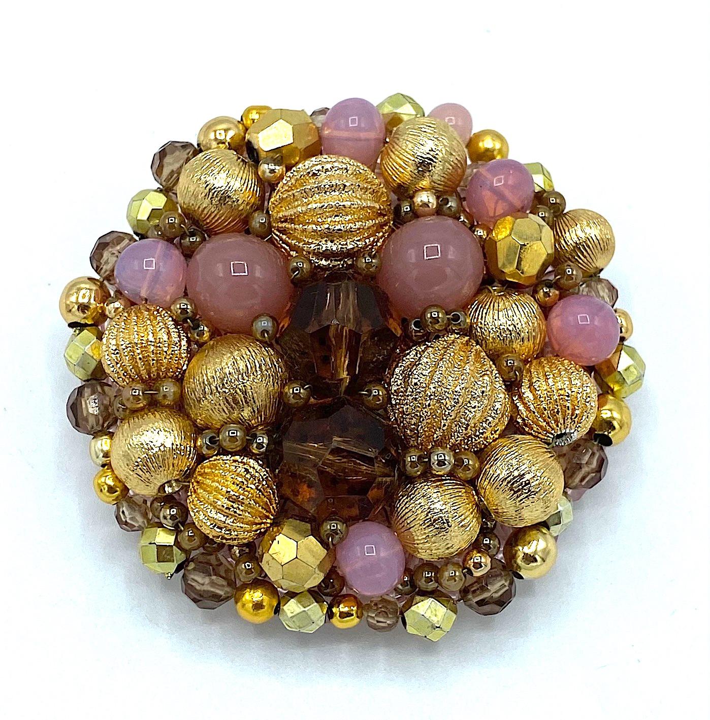 Coppola e Toppo 1960s Gold, Amber & Pink Bead Brooch In Good Condition In New York, NY
