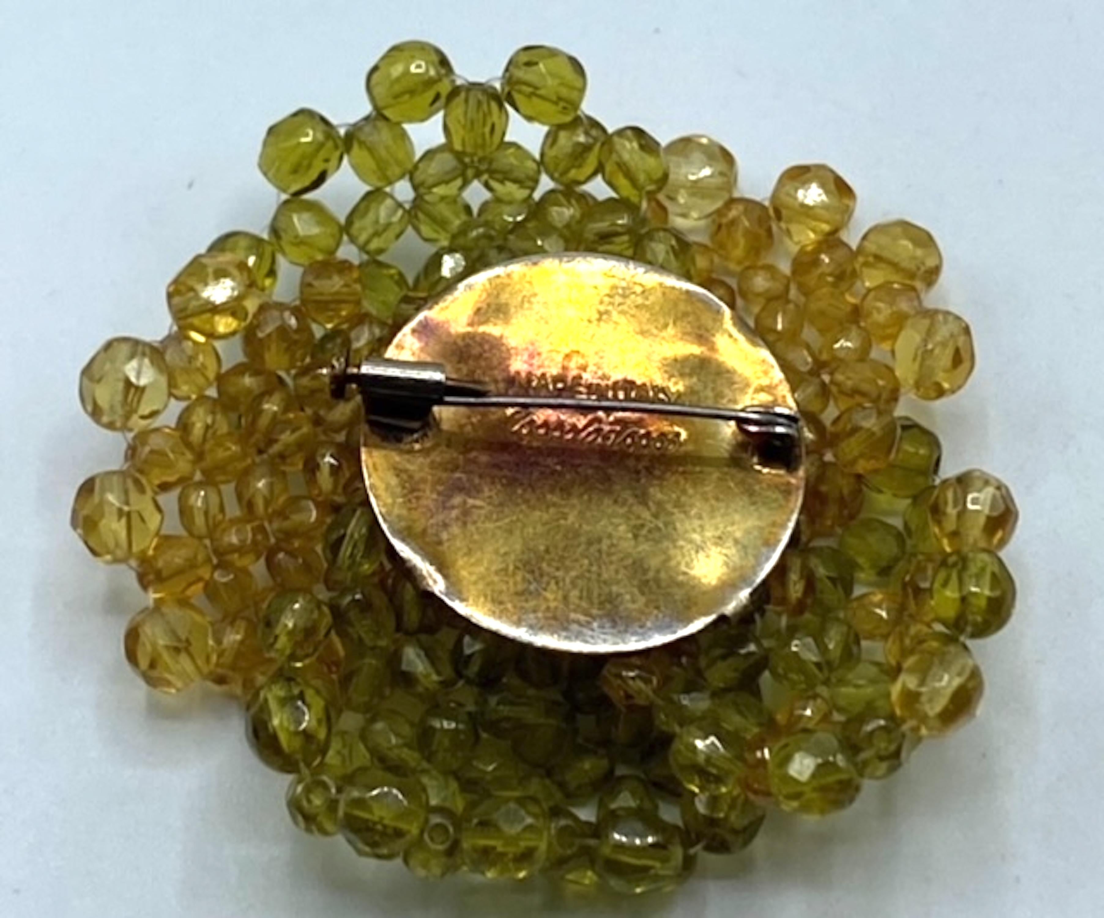 Coppola e Toppo Amber and Green Crystal Bead 1960s Flower Brooch For Sale 3