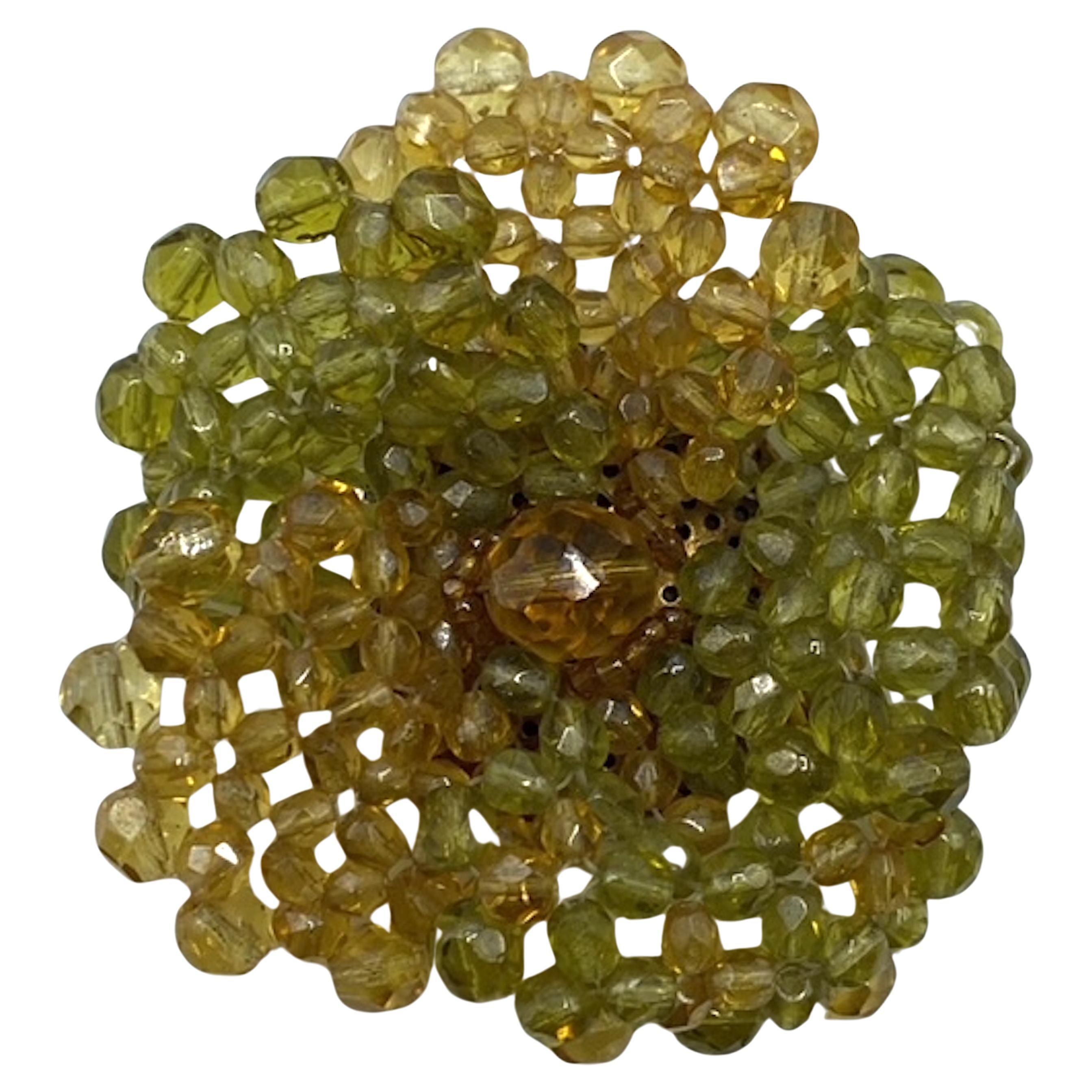 Coppola e Toppo Amber and Green Crystal Bead 1960s Flower Brooch For Sale