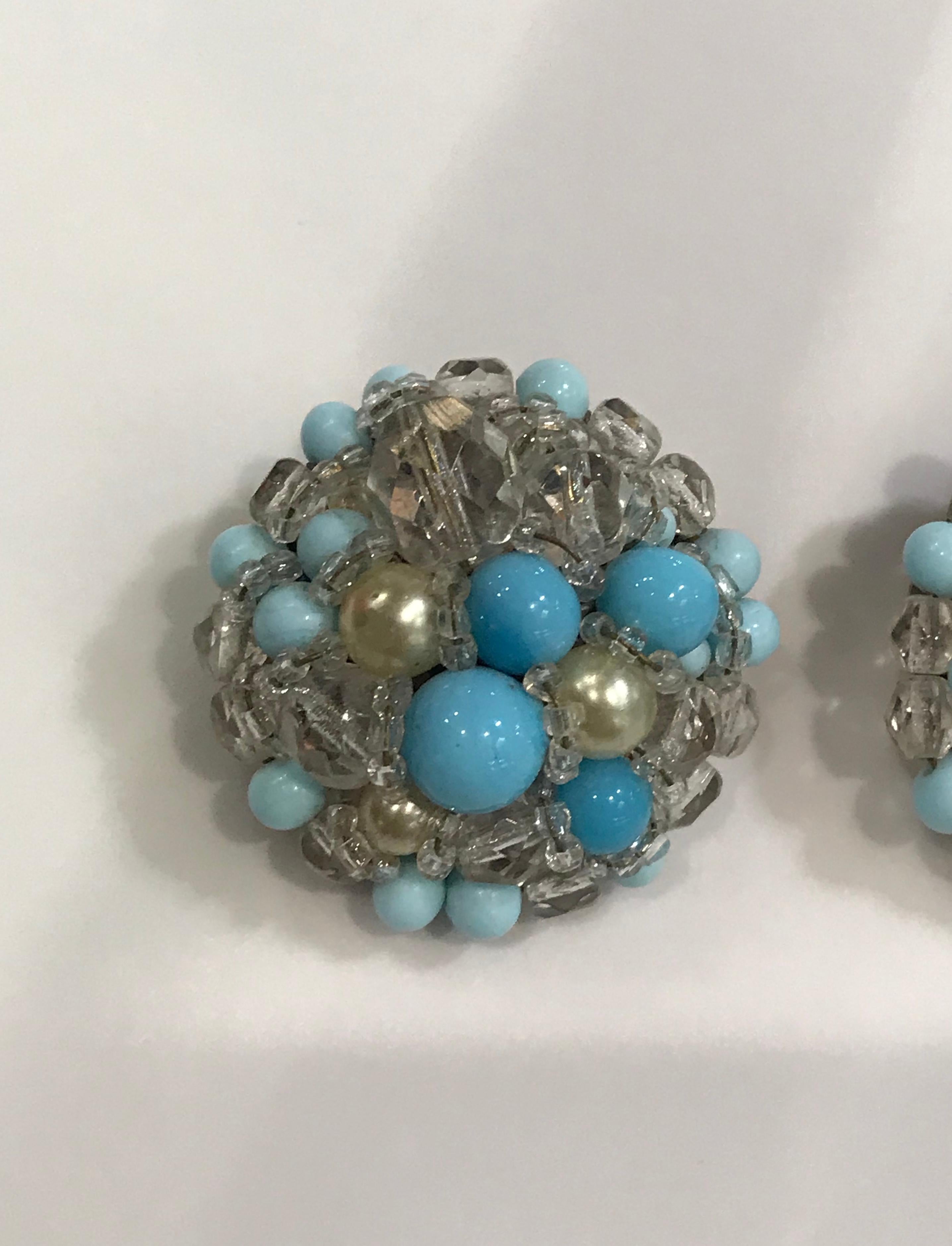 A very nice pair of 1950s Coppola e Toppo faceted crystal bead, Murano glass and faux pearl bead button earrings. Hand made turquoise glass beads have lovely light and dark striations in the turquoise color. Clip backs have signature Coppola e Toppo