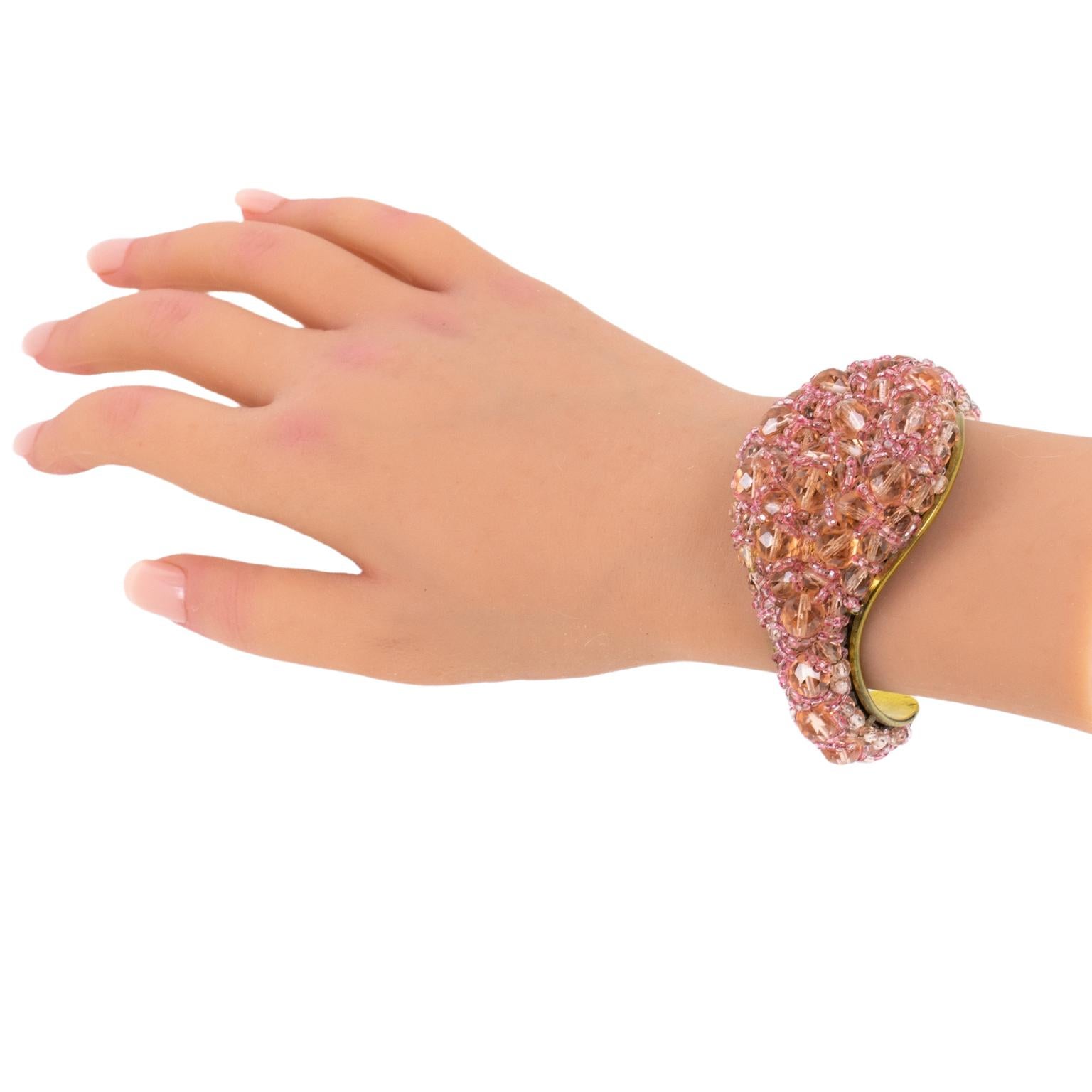 Coppola and Toppo Gilt Metal Cuff Bracelet with Pink Crystal Beads For Sale 5
