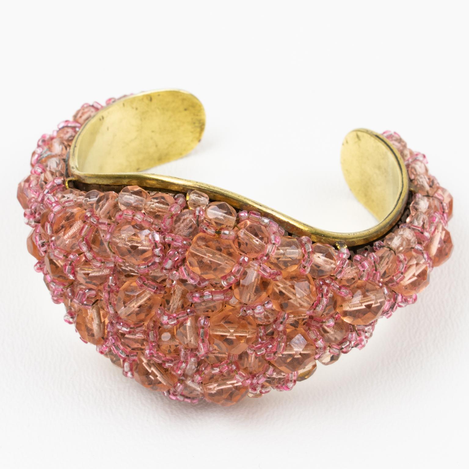 Coppola and Toppo Gilt Metal Cuff Bracelet with Pink Crystal Beads In Good Condition For Sale In Atlanta, GA