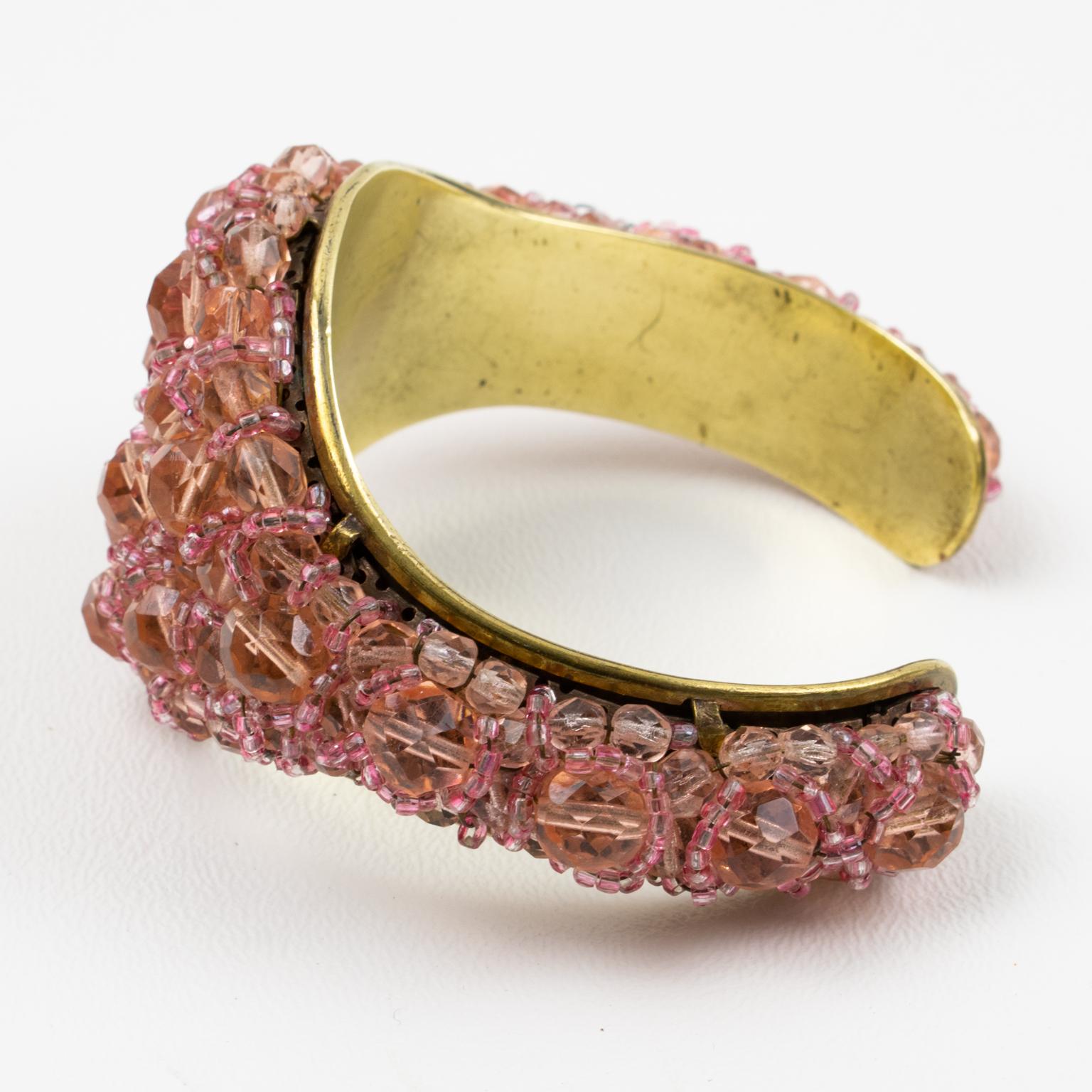 Women's or Men's Coppola and Toppo Gilt Metal Cuff Bracelet with Pink Crystal Beads For Sale