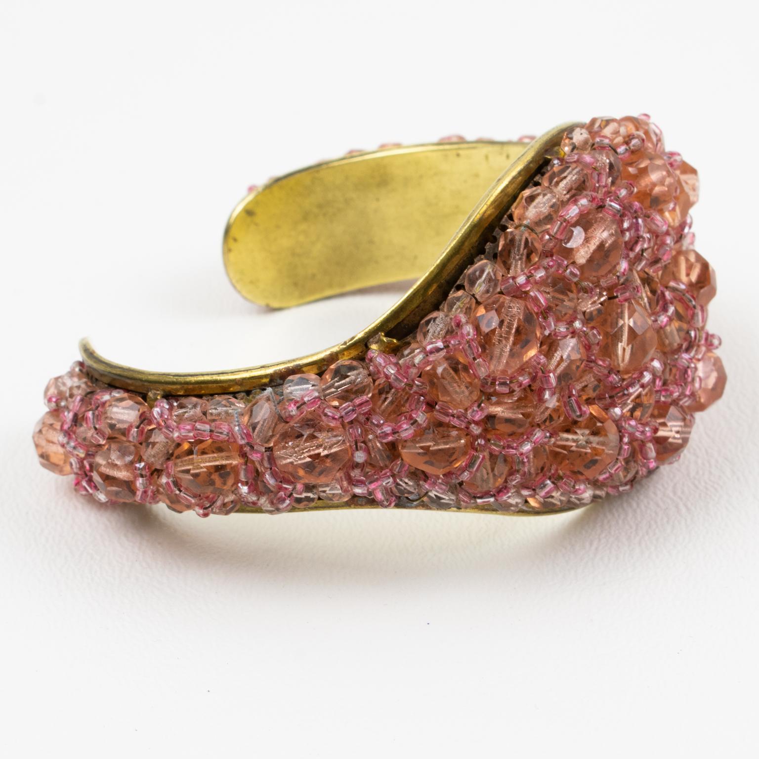 Coppola and Toppo Gilt Metal Cuff Bracelet with Pink Crystal Beads For Sale 2