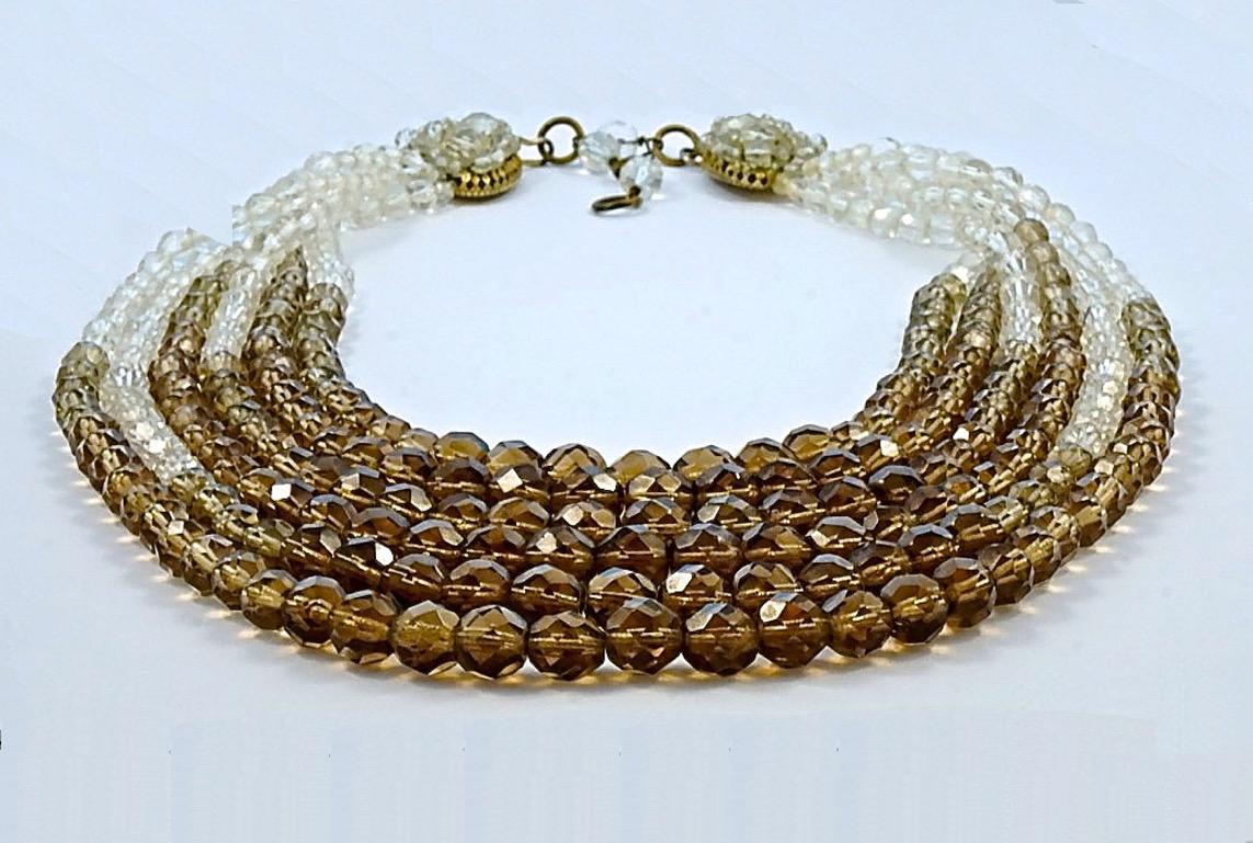 Coppola e Toppo Six Strand Clear and Caramel Brown Crystal Bead Necklace 1950s In Good Condition For Sale In London, GB