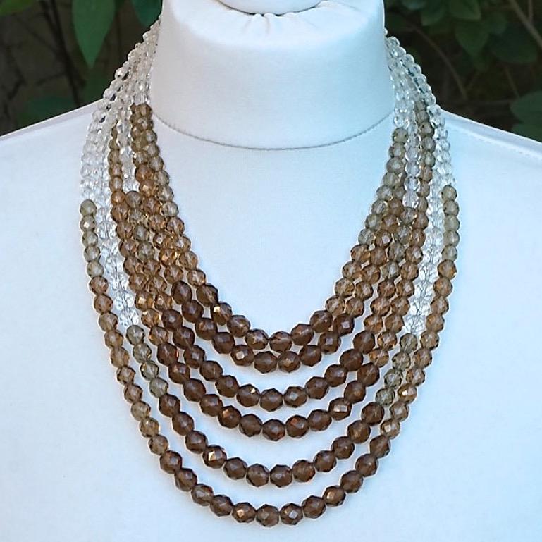 Coppola e Toppo Six Strand Clear and Caramel Brown Crystal Bead Necklace 1950s For Sale 2
