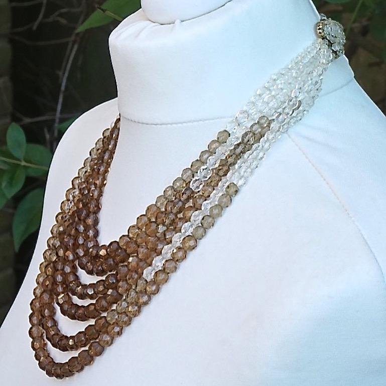Coppola e Toppo Six Strand Clear and Caramel Brown Crystal Bead Necklace 1950s For Sale 3