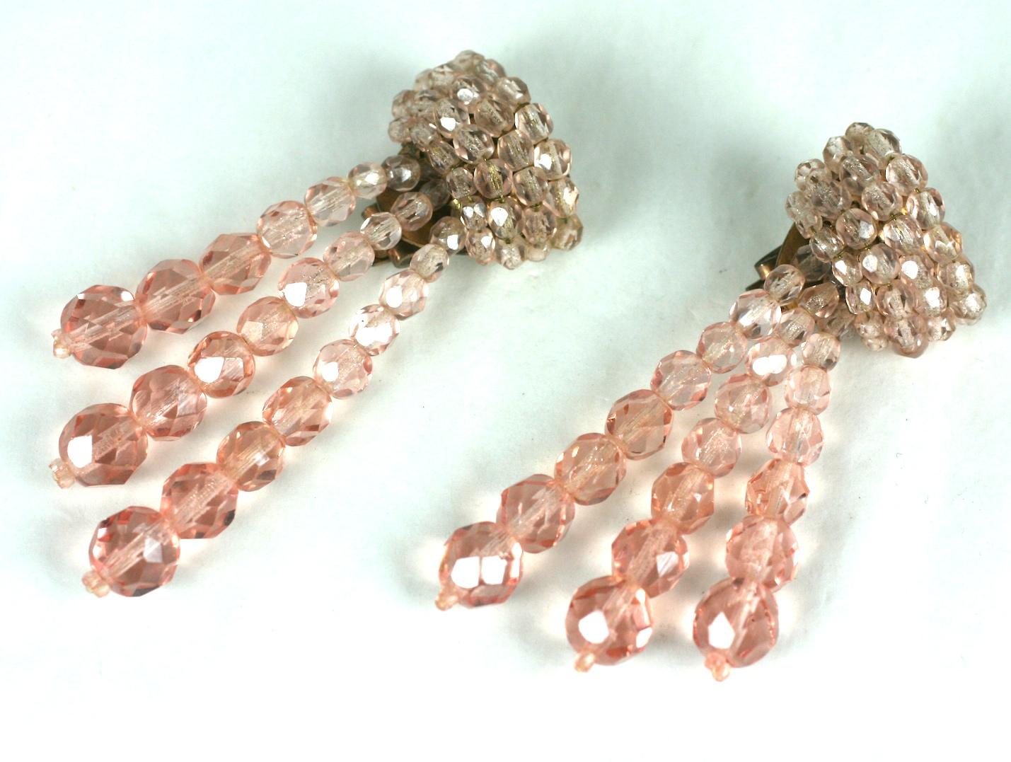 Glamorous Coppola Toppo Ombre Pink Crystal Earrings, Italian from the 1950's. 
Hand strung faceted crystal beads are ombre toned from crystal to pale pink in tassel form.
2.75