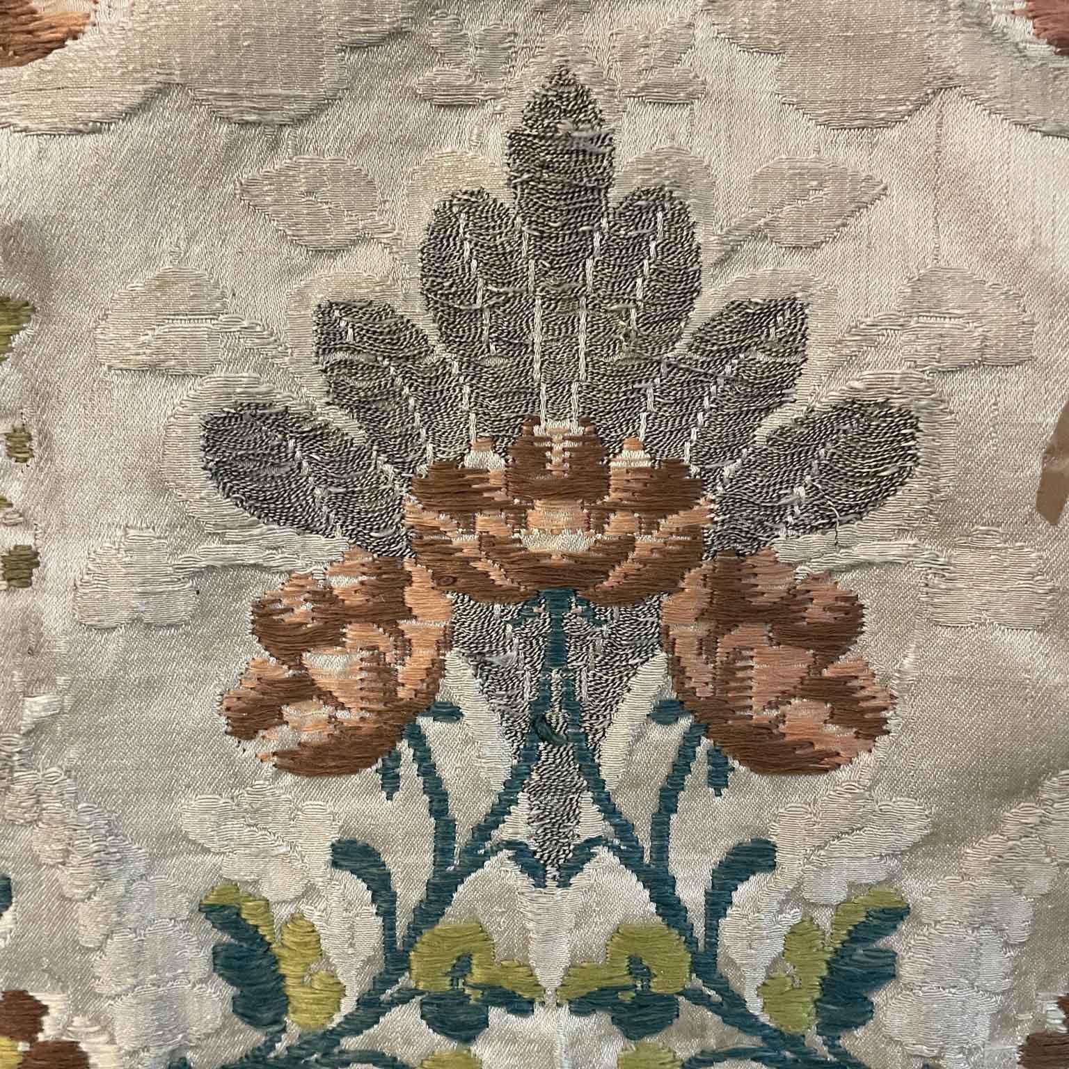 Other Circular Table Cover 1750s Italian Fabric Embroidered with Blue and Pink Flowers For Sale