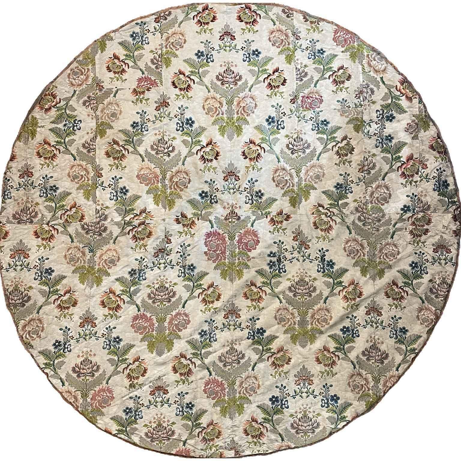 Circular Table Cover 1750s Italian Fabric Embroidered with Blue and Pink Flowers For Sale 2