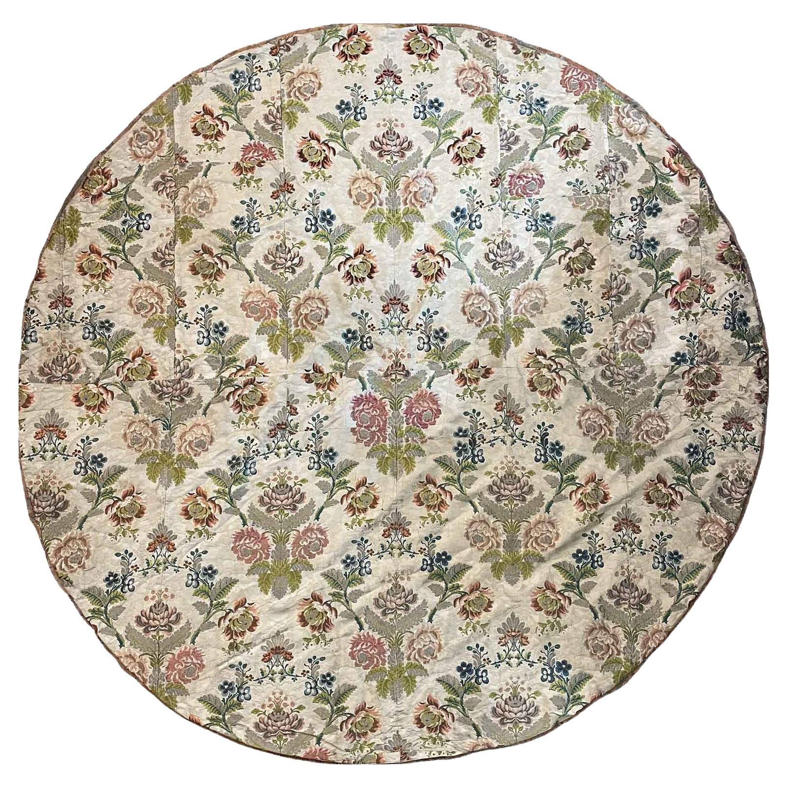 Circular Table Cover 1750s Italian Fabric Embroidered with Blue and Pink Flowers For Sale