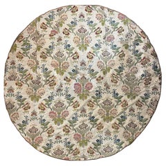 Circular Table Cover 1750s Italian Fabric Embroidered with Blue and Pink Flowers