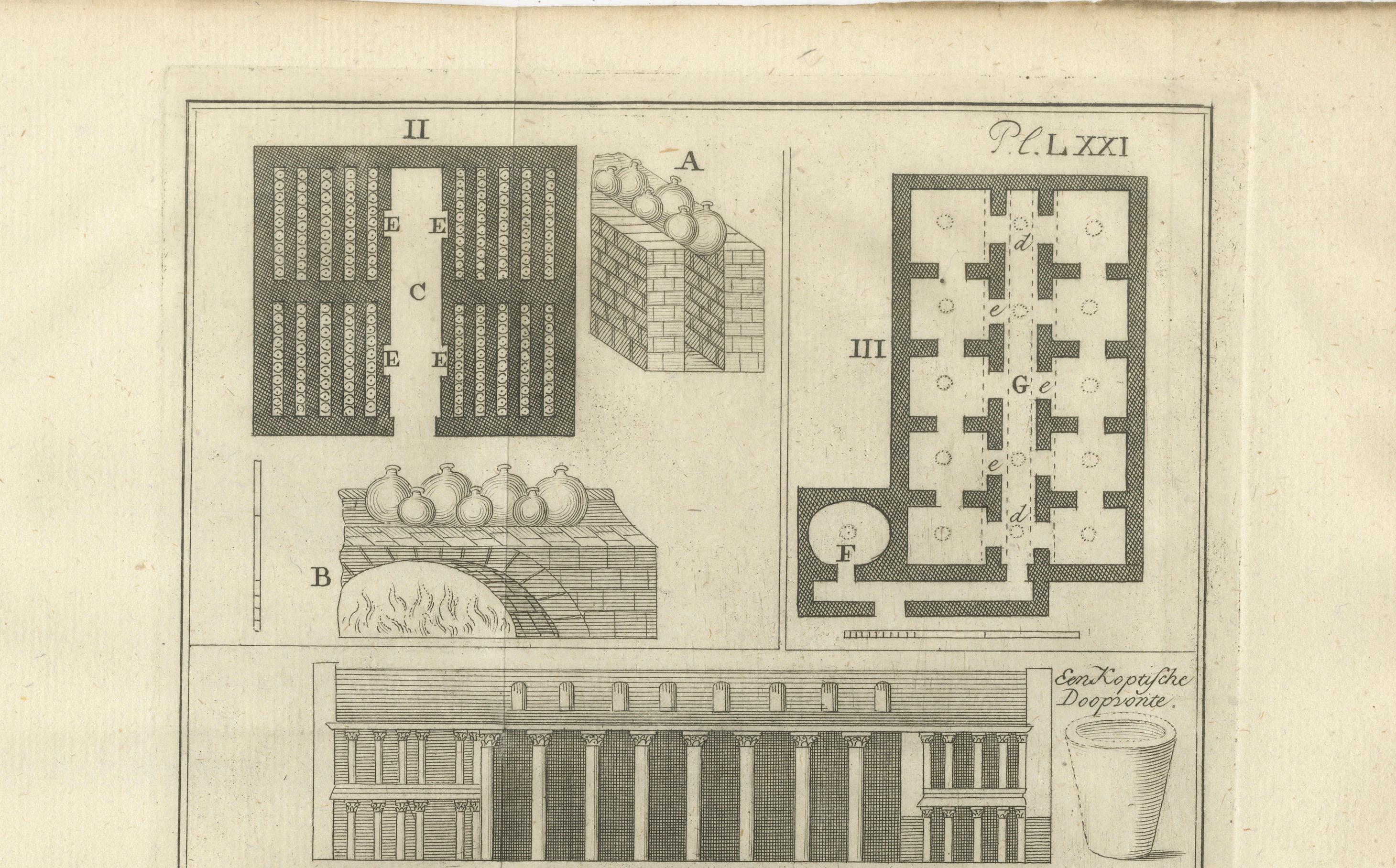 Plan eines koptischen Klosters, Ammoniakofen und Eierbrutkasten, Ägypten um 1776

Beschreibung:
Dieser faszinierende antike Stich aus der Zeit um 1776 zeigt einen detaillierten architektonischen und technischen Überblick mit dem Titel: