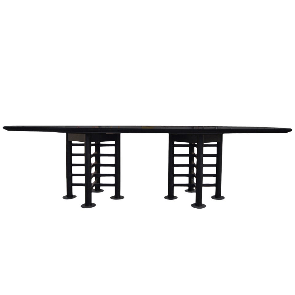 8 ft Marble & Ebonized Wood Table by Michael & Katherine McCoy Cranbrook For Sale