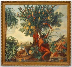 Native American Under Cactus Tree Painting, Antique, 52x48 Inches
