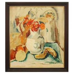Still Life Poppy Painting, Cubist Style, 36.5x40.5 Inches, Antique